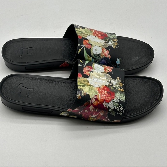 Goats Slides Size 8 / 38Black Flowers Flip Flops Sandals Slip On Beach Pool - Picture 1 of 12